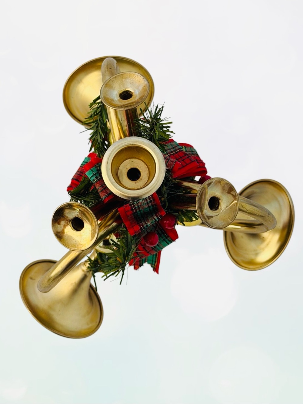 Brass Triple French Horn Taper Candle Holder, Vintage Christmas Holiday Decor - Picture 8 of 10